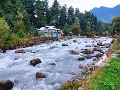 a river with a house in the background