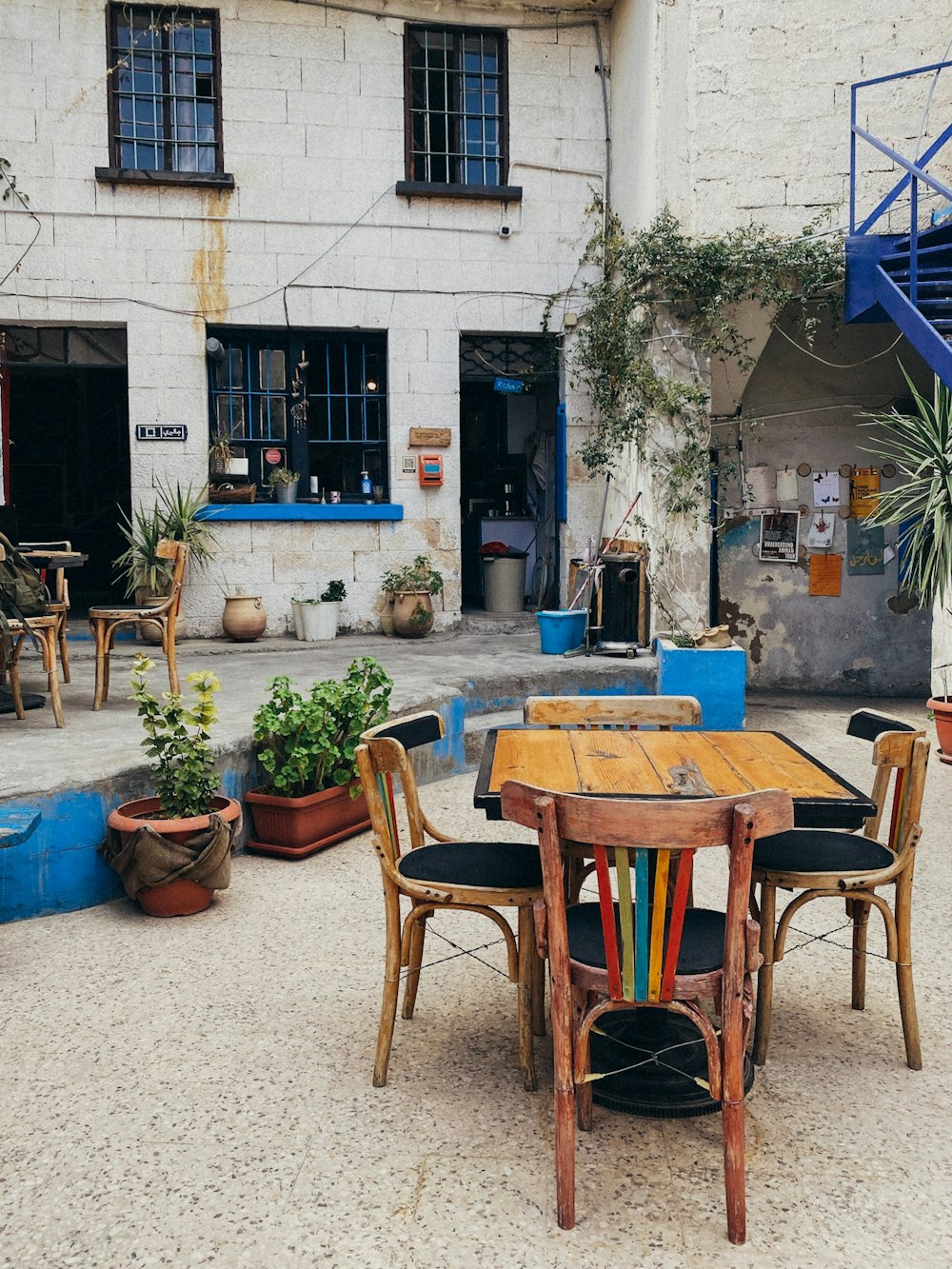 a table and chairs outside