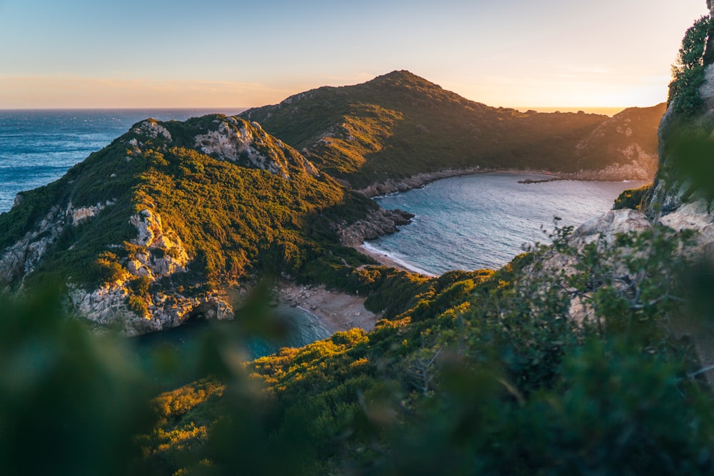 a beach and mountains