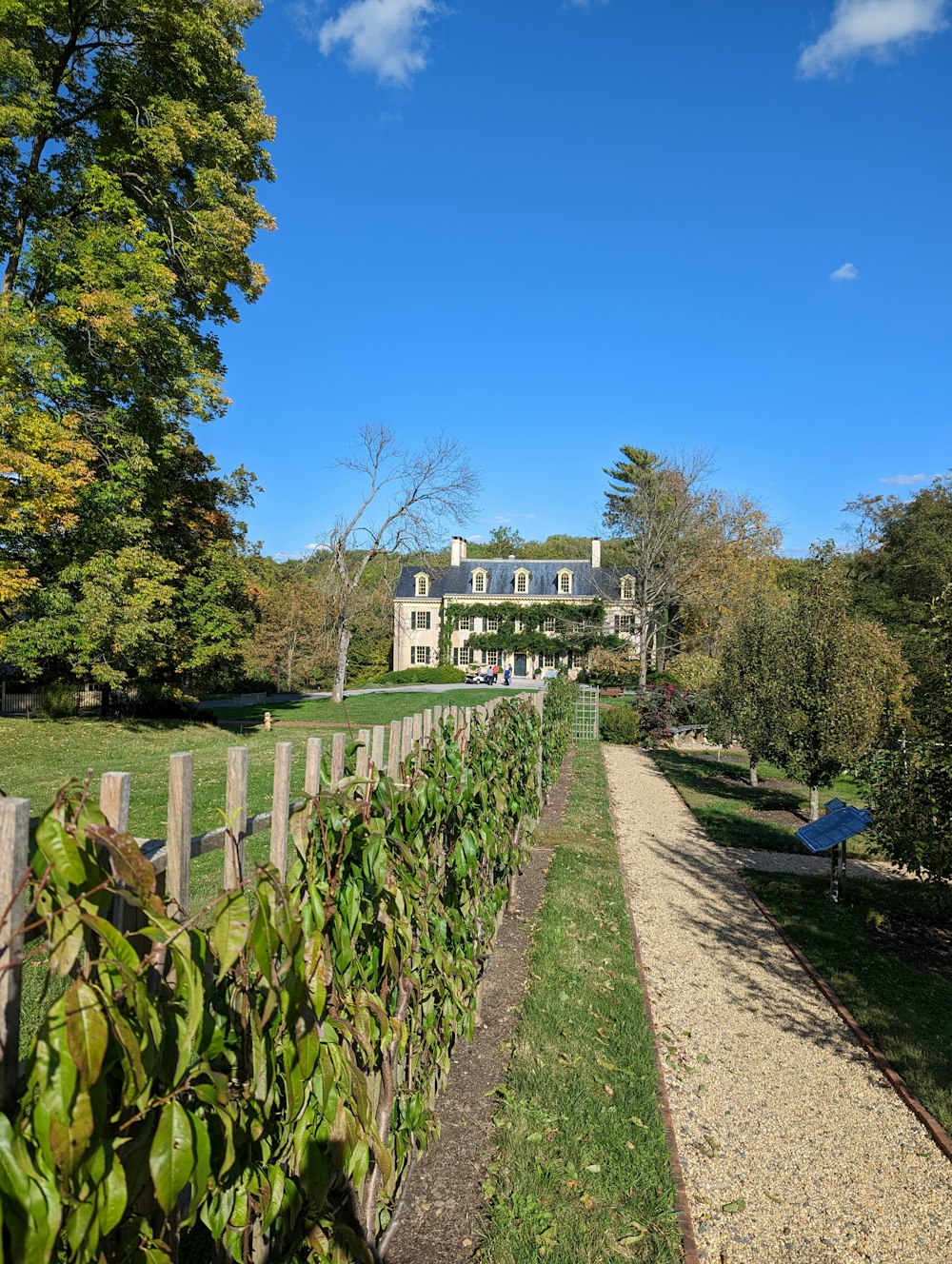 Ein Garten mit einem Zaun und einem Haus im Hintergrund