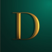 A bold, gold metallic letter 'D' with a 3D effect is set against a dark green background. The letter casts a shadow, giving it a dimensional look.
