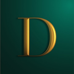 A bold, gold metallic letter 'D' with a 3D effect is set against a dark green background. The letter casts a shadow, giving it a dimensional look.