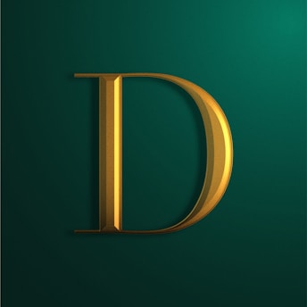 A bold, gold metallic letter 'D' with a 3D effect is set against a dark green background. The letter casts a shadow, giving it a dimensional look.