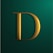 A bold, gold metallic letter 'D' with a 3D effect is set against a dark green background. The letter casts a shadow, giving it a dimensional look.
