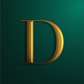 A bold, gold metallic letter 'D' with a 3D effect is set against a dark green background. The letter casts a shadow, giving it a dimensional look.