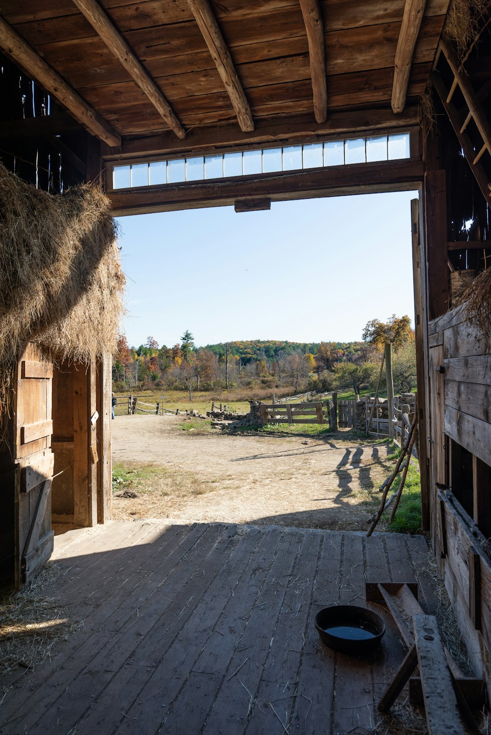 eine Holzterrasse mit Zaun und Bäumen im Hintergrund