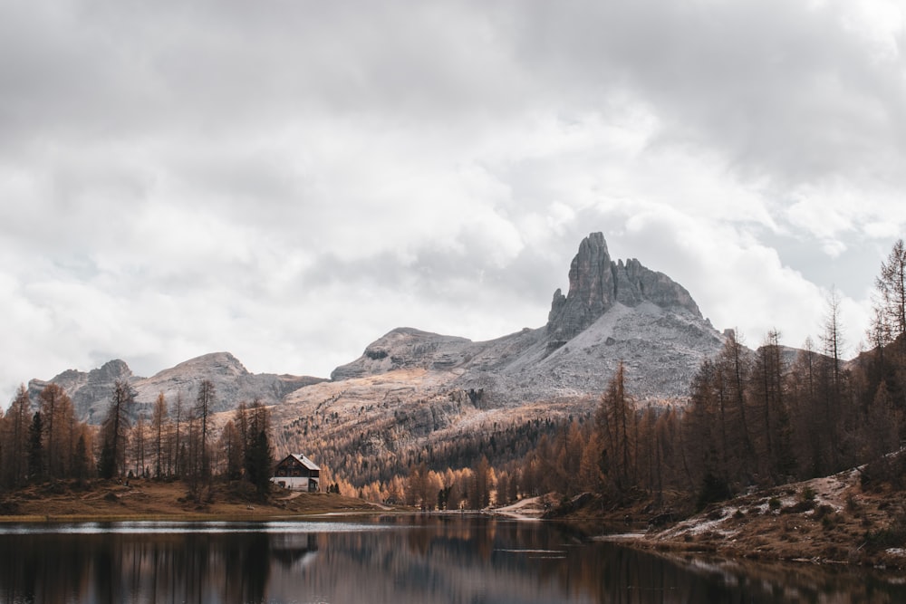 a lake with trees and mountains in the background