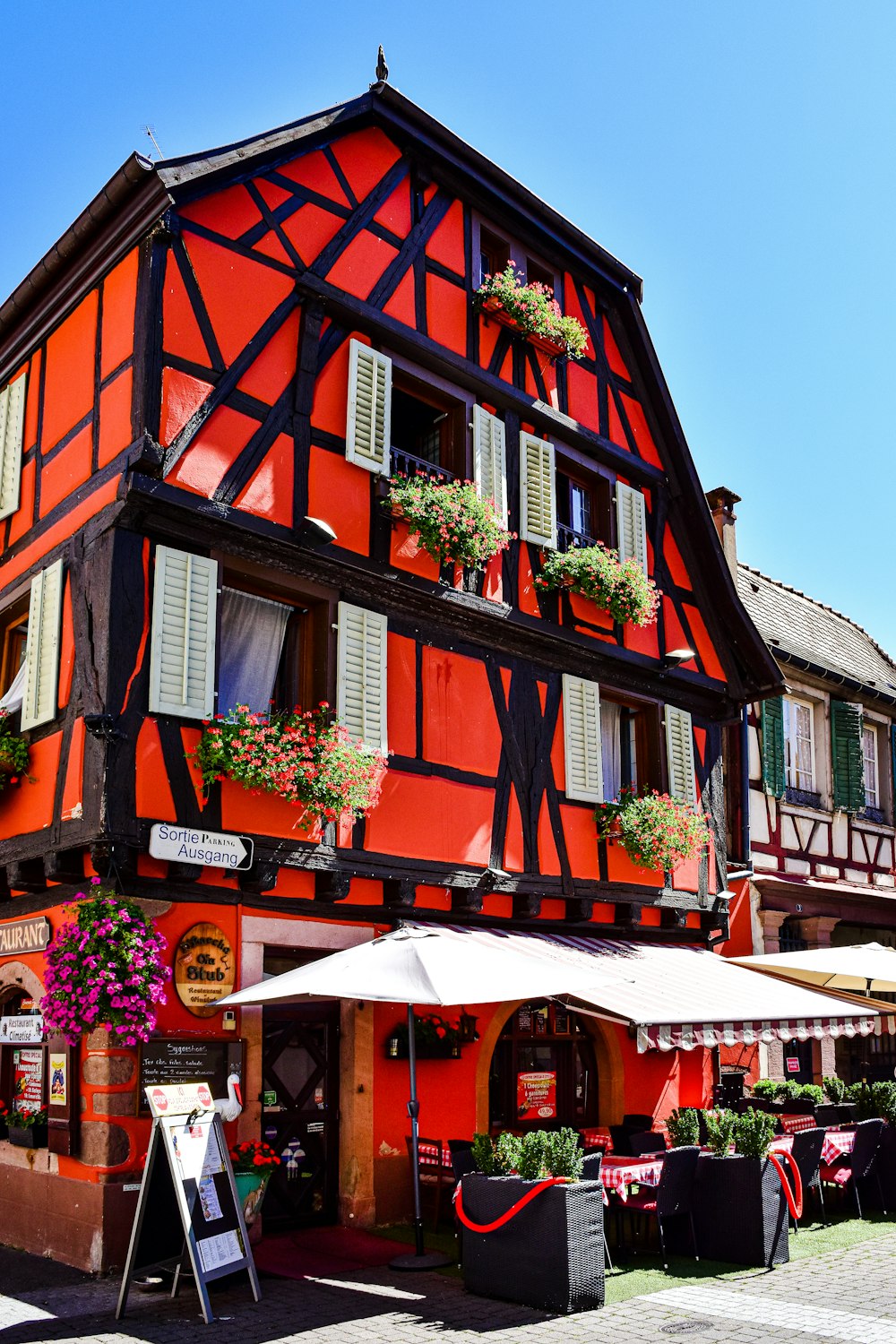 a red building with many windows