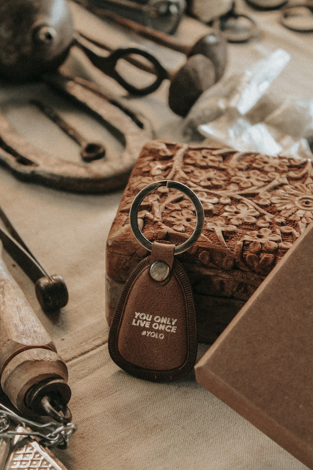 a box with a key chain and a key chain