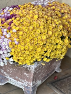 A large, rustic-style FRP planter brimming with colorful seasonal blooms.