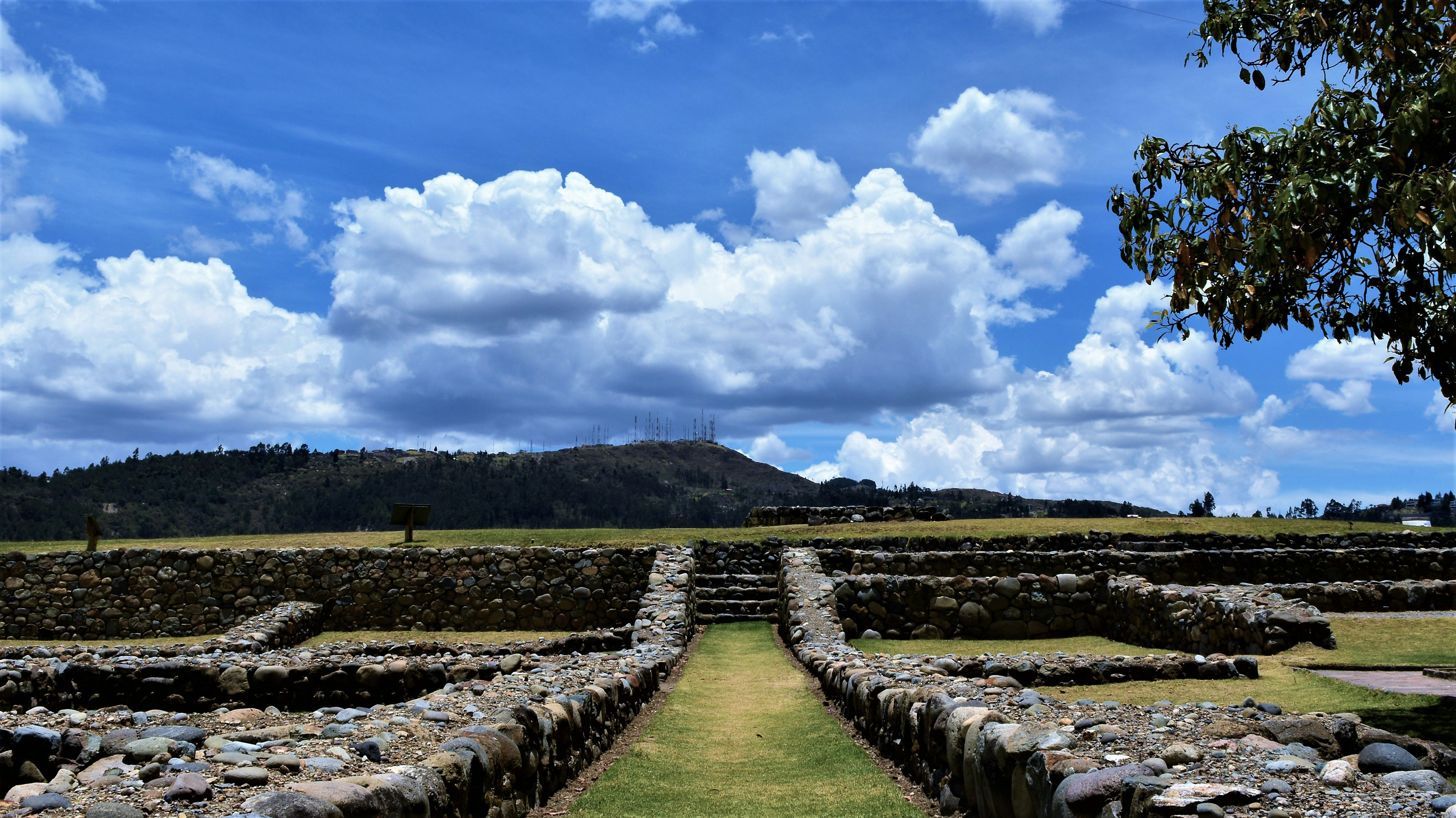 a stone wall with a stone walkway and grass and trees and blue sky