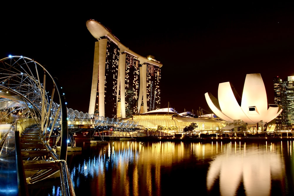 a body of water with buildings and lights in the background with Helix Bridge in the background