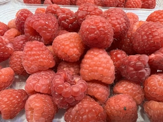 Close-up of fresh raspberries glistening with morning dew on a rustic wooden table.
