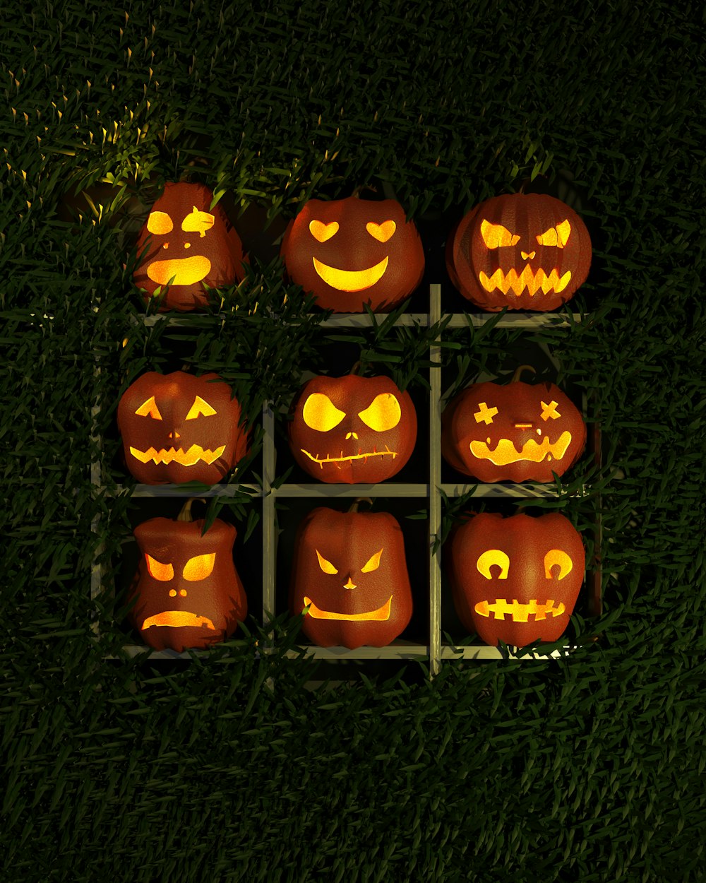 a group of carved pumpkins