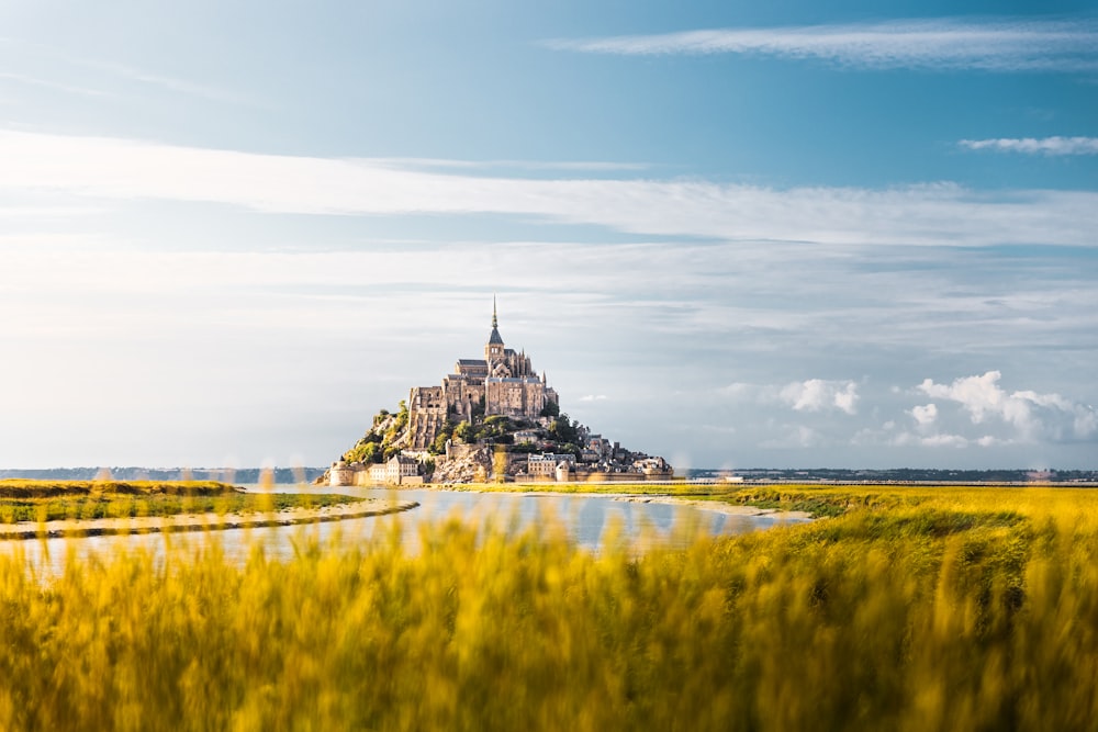 a castle on a hill by a body of water with Mont Saint-Michel in the background