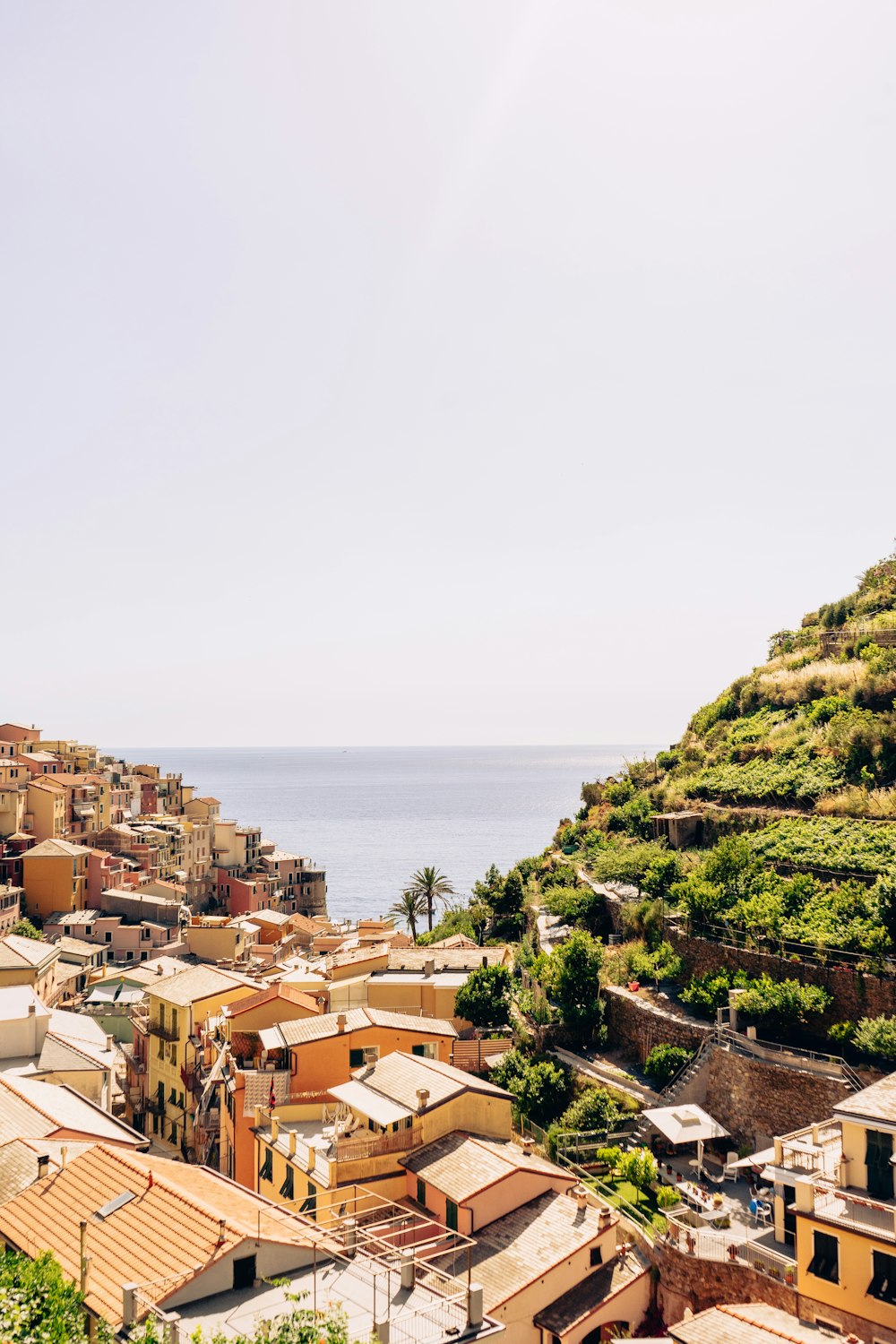 a city with a body of water in the background