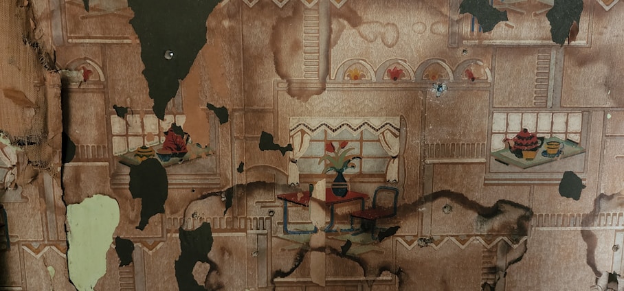 An old, decaying wallpaper featuring decorative illustrations of windows with floral curtains, potted plants, and small shelves with items like vases and books. The wallpaper is heavily damaged with peeling sections and dark discoloration.