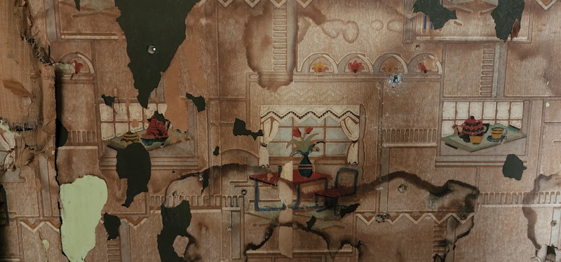 An old, decaying wallpaper featuring decorative illustrations of windows with floral curtains, potted plants, and small shelves with items like vases and books. The wallpaper is heavily damaged with peeling sections and dark discoloration.