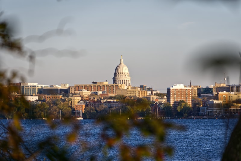 The Wisconsin State Capitol dome seen across the lake in Madison