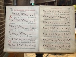 A two-page spread of a Gregorian chant manuscript, featuring black square musical notes on a four-line staff with red lines. The text is in Latin, and the pages are aged and slightly yellowed. The manuscript is open on a wooden lectern in a brick interior space.