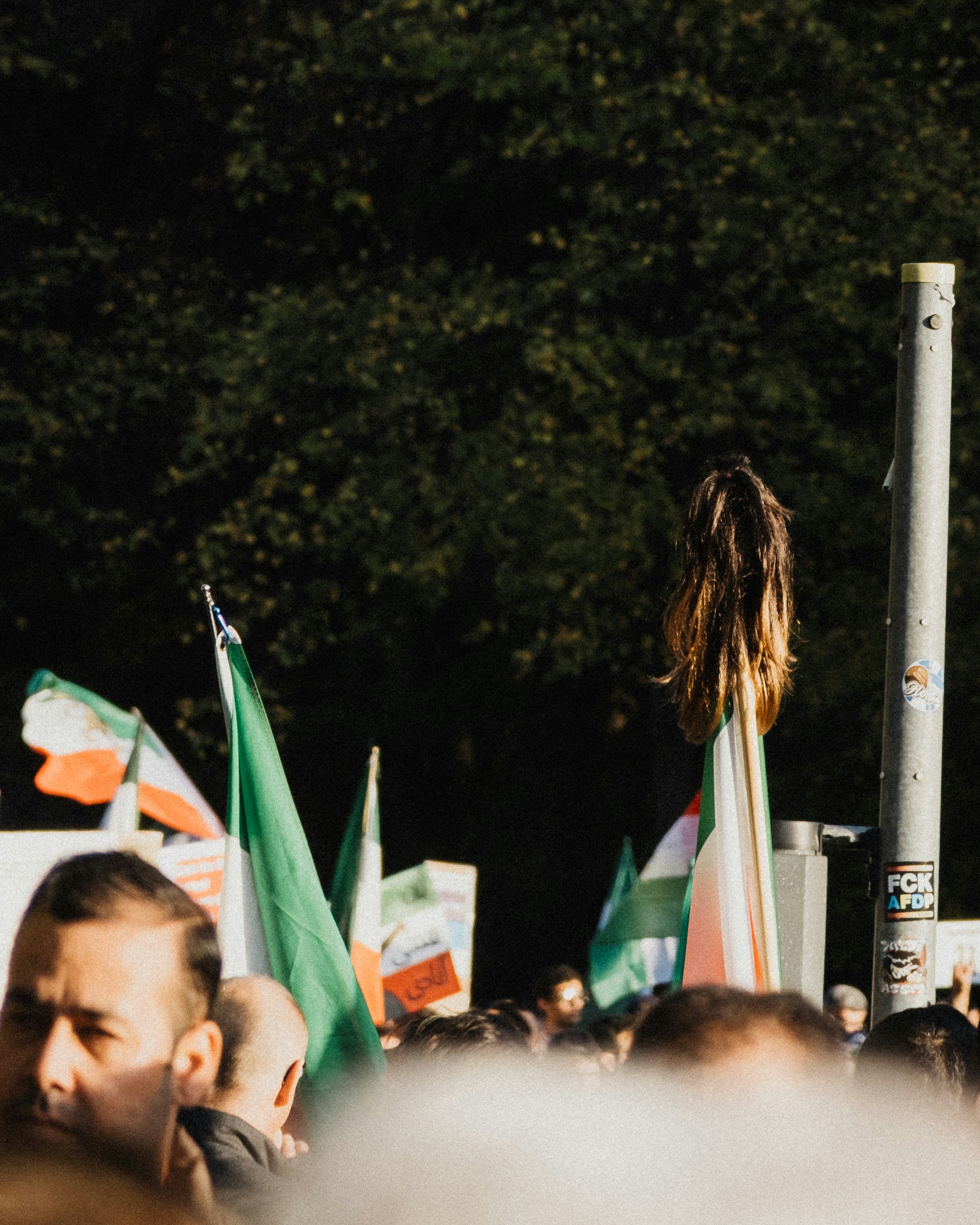 a group of people holding flags