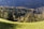 A tranquil hillside landscape with a mix of dense green and autumnal trees stretching across the scene. A small cabin with a sloping roof is nestled within the trees, surrounded by a lush grassy meadow. The distant mountains and a soft light give the area a peaceful, secluded feel.