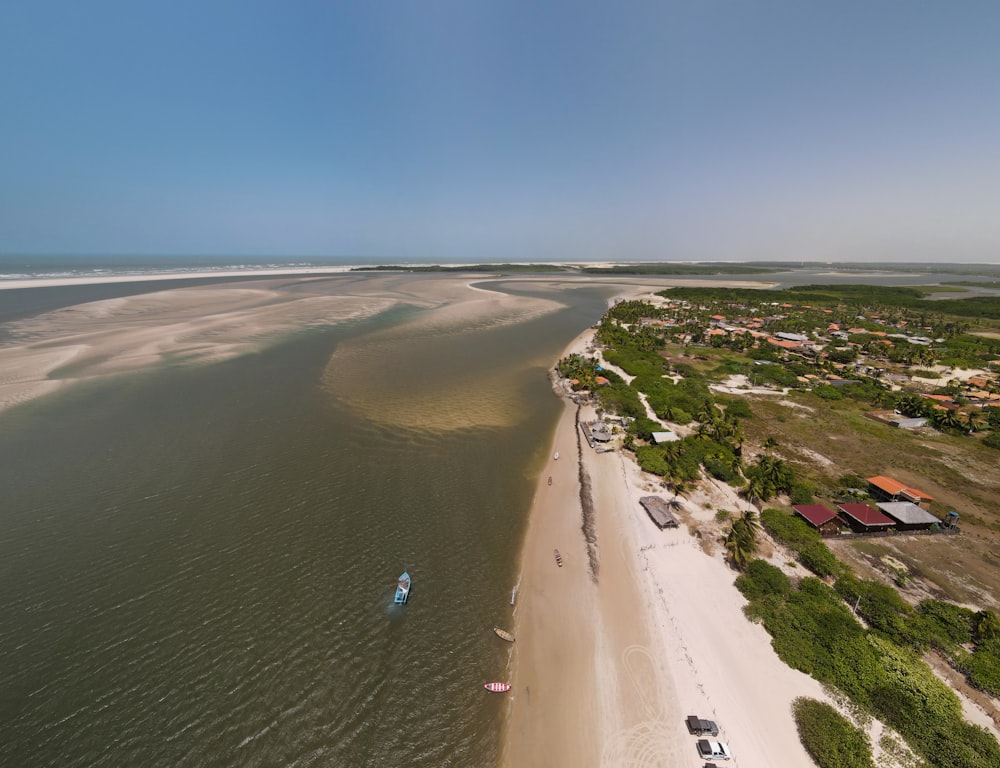 a beach with houses and trees