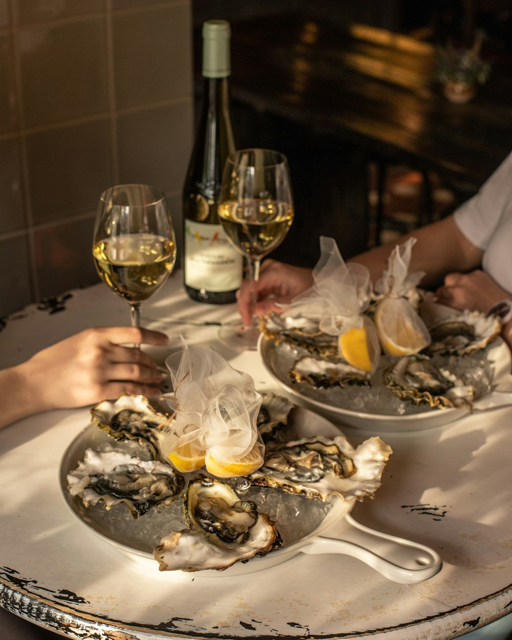 a table with food and wine