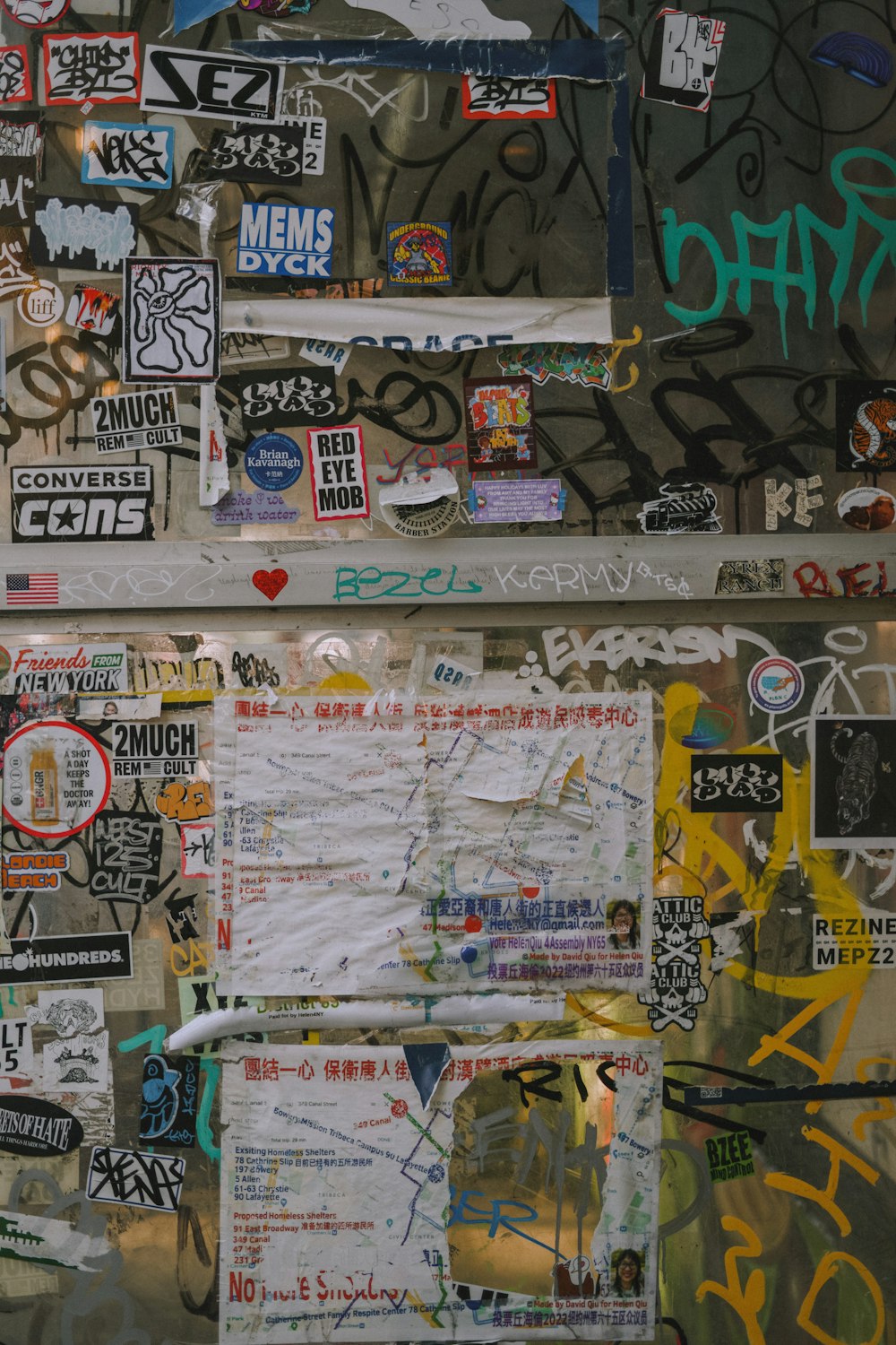 a wall covered in stickers