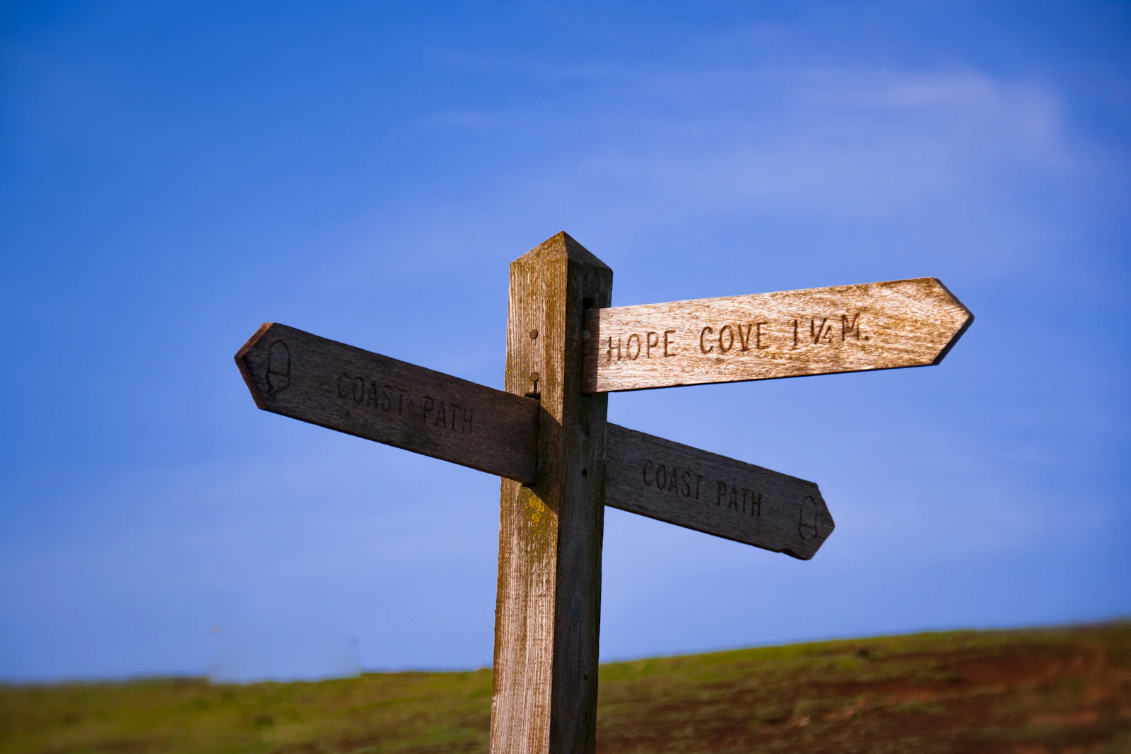 A wooden signpost with several arrows pointing in different directions, representing how GA4 sorts an incoming session into one specific channel based on its referrer and medium