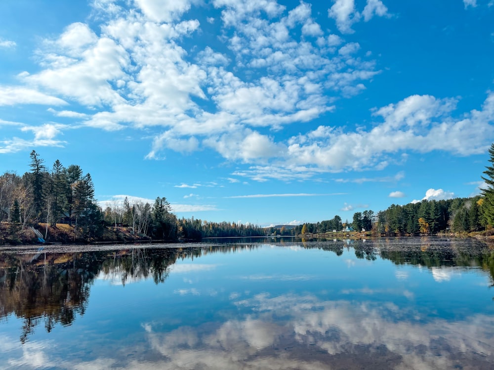 a lake with trees and blue sky