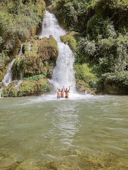 Smiling kids splashing in a natural Jamaican waterfall pool surrounded by greenery.