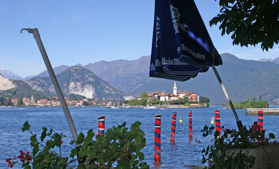 a flag on a pole in front of a body of water
