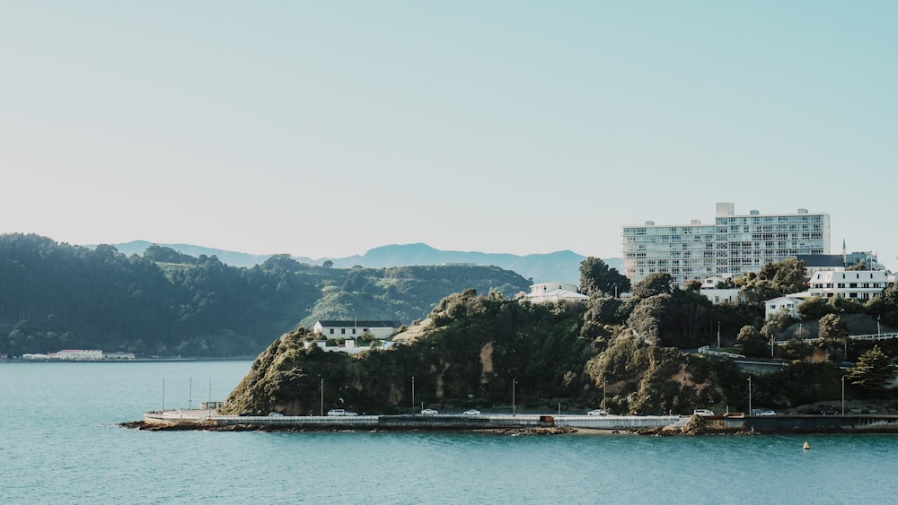 a body of water with buildings on the side and a hill with trees