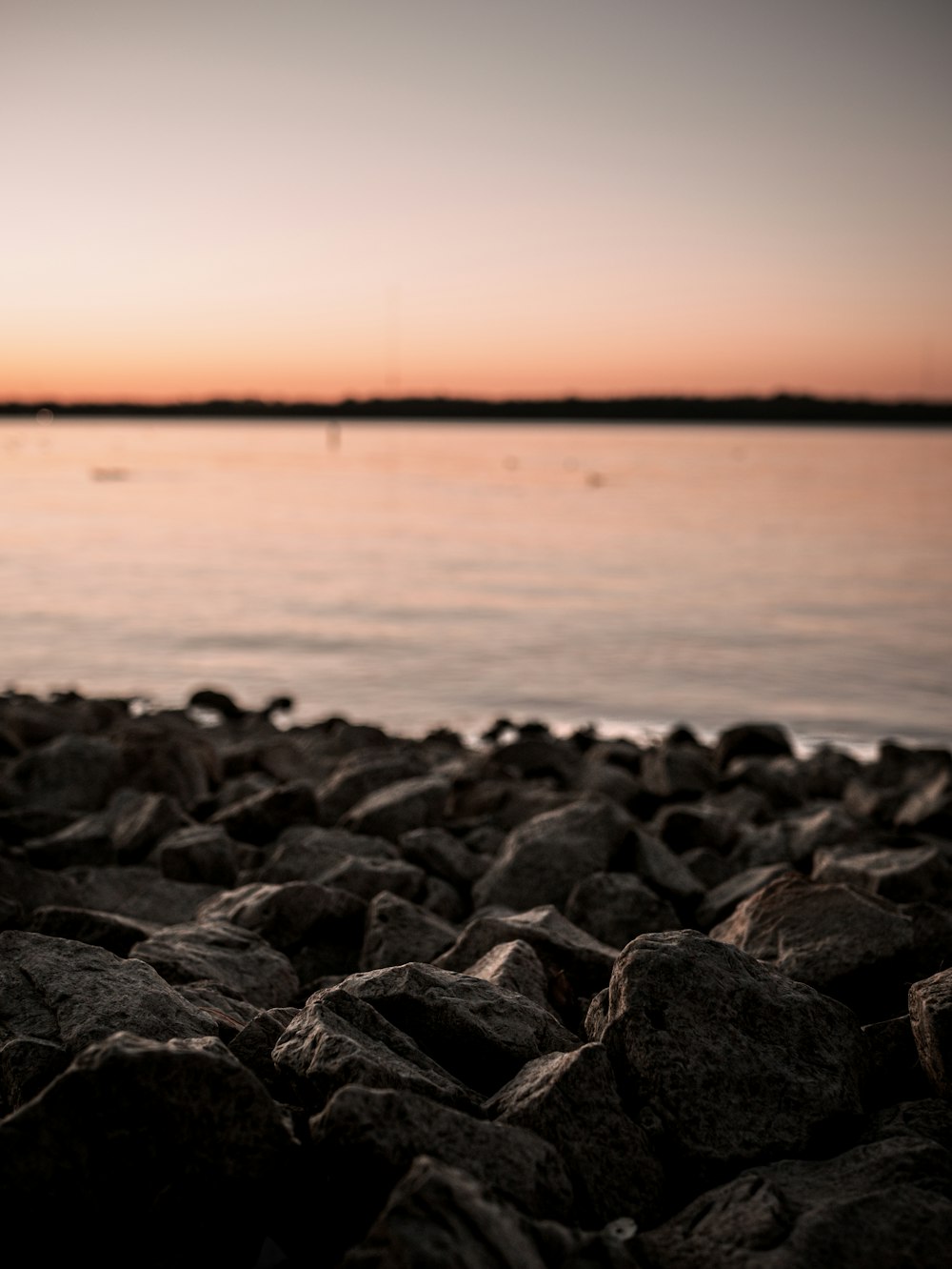 a rocky beach with a body of water in the background