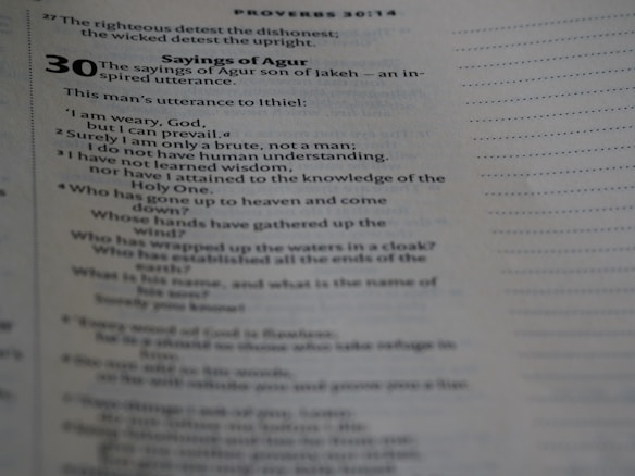 A photograph of a page from a book, showing text from Proverbs 30 in the Bible. The text is focused on the 'Sayings of Agur' with verses detailing reflections on weariness, understanding, wisdom, and rhetorical questions about divine power.