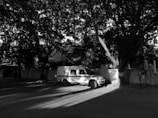 A black and white image features a parked security vehicle on a quiet street under the shade of large trees. The contrast between the sunlight and shadows gives the scene a dramatic appearance. The vehicle is positioned beside a wall, and the surrounding area appears calm and undisturbed.
