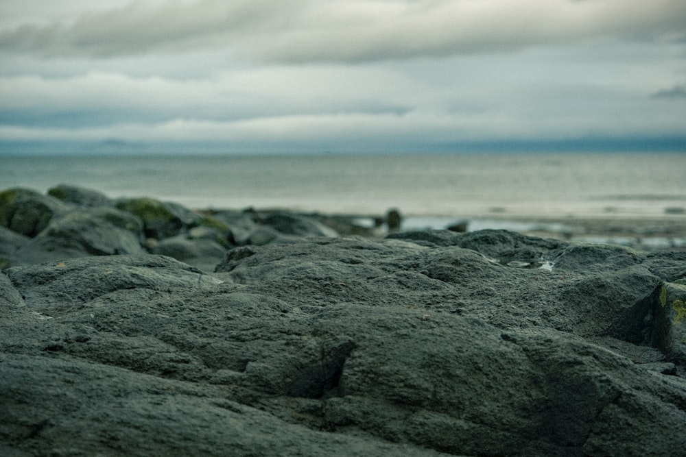 a rocky area with a body of water in the background