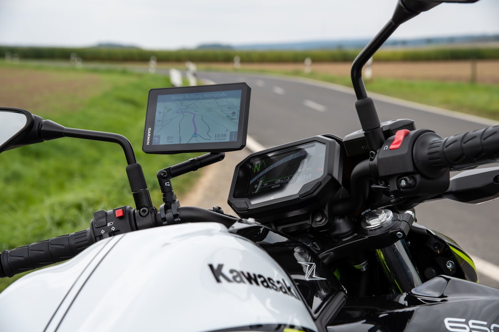 a motorcycle with a gps device on the seat