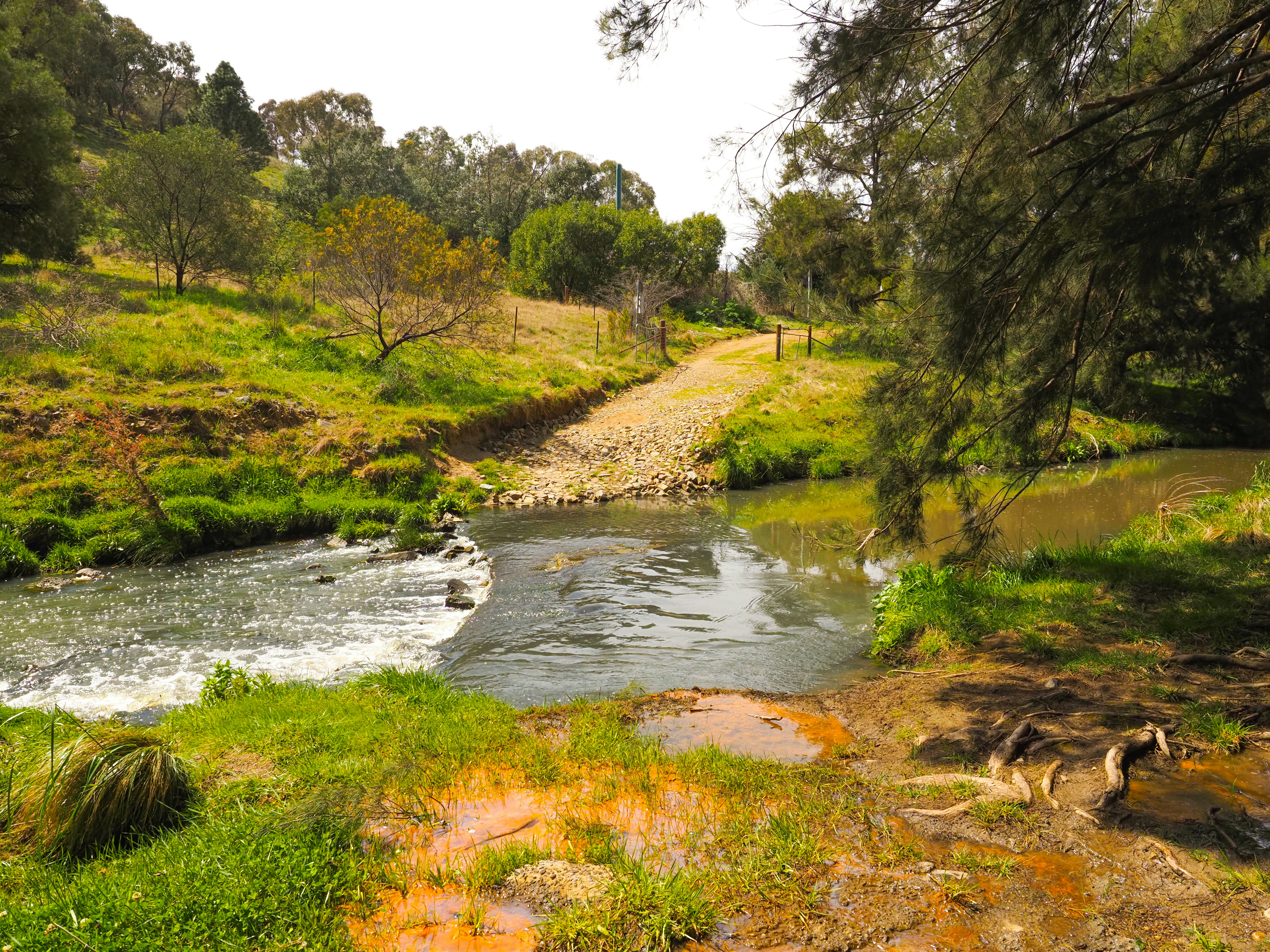 a small river with a small waterfall