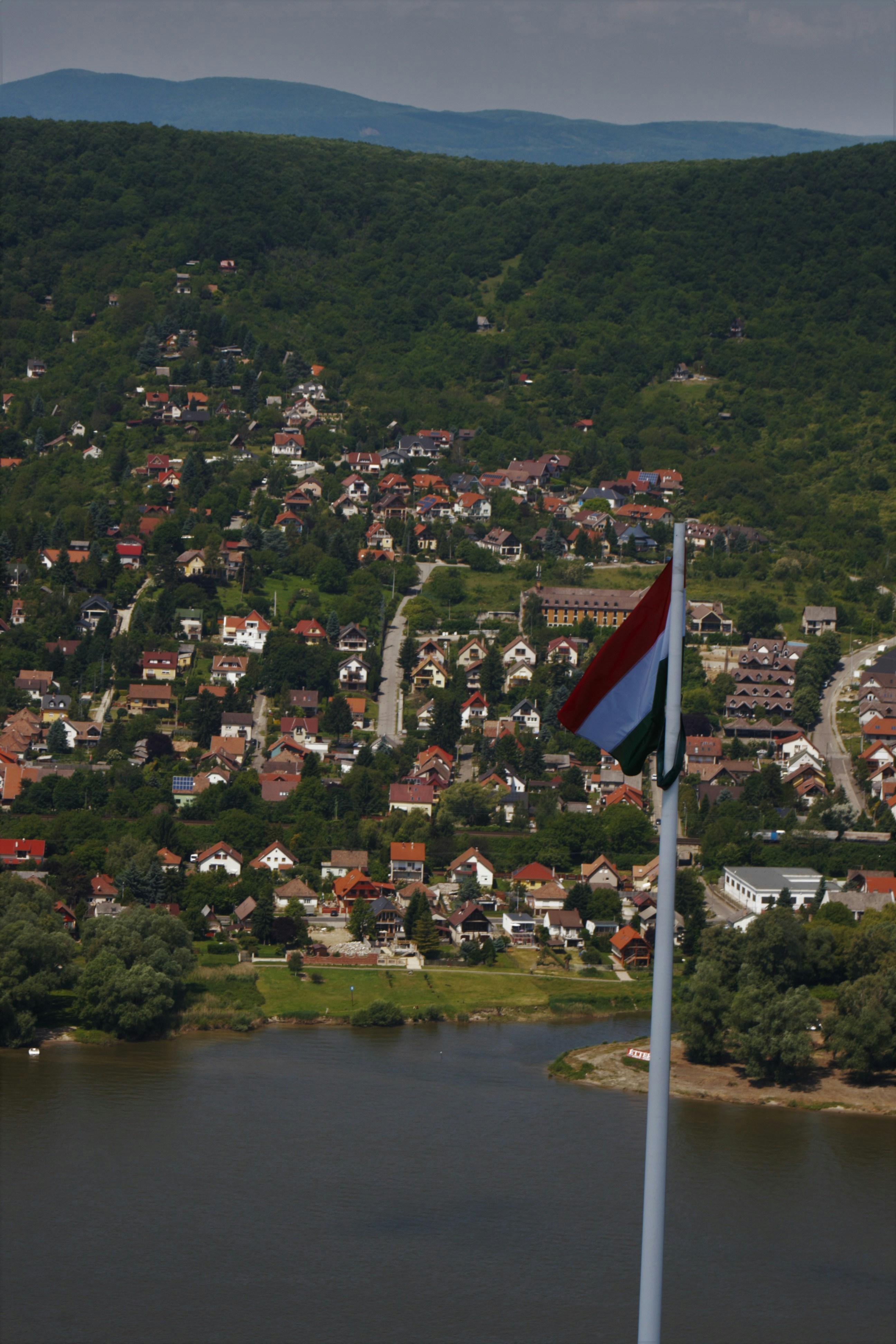 a flag on a pole in front of a town