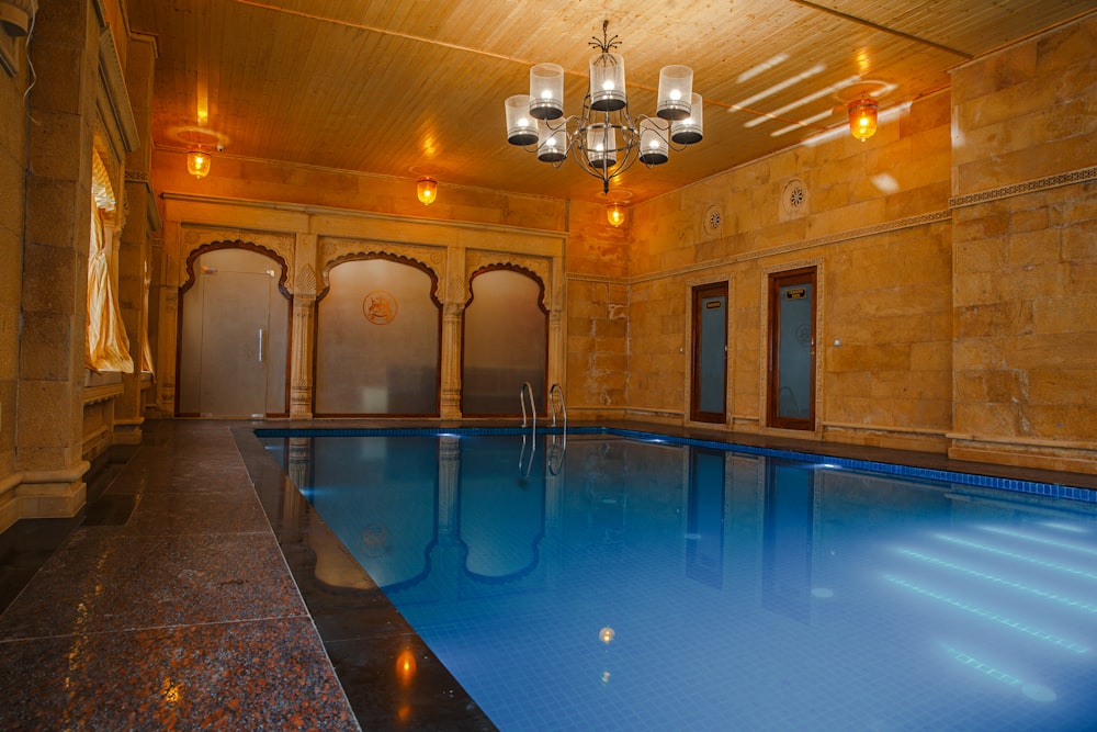 a swimming pool in a large room