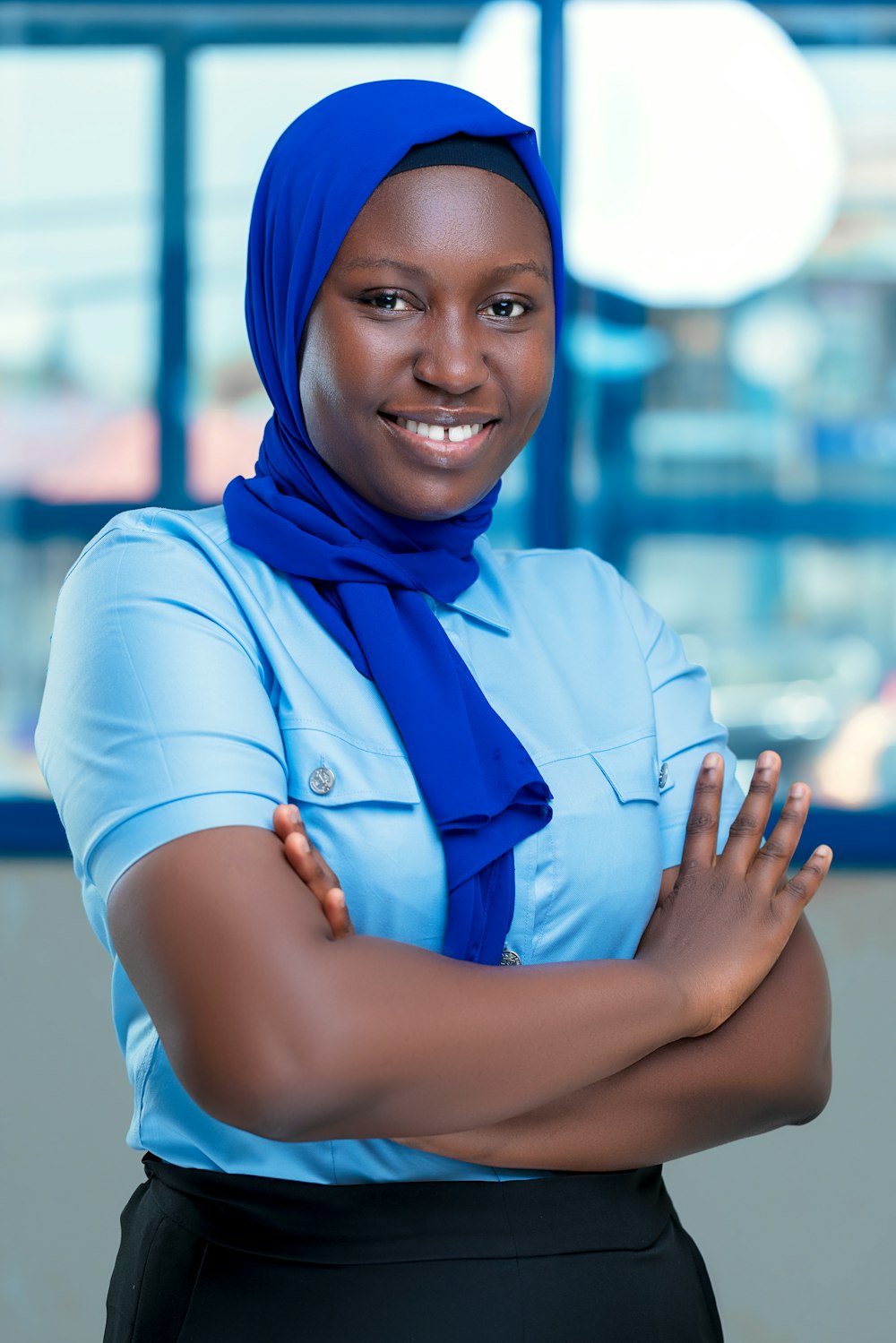 a woman in a blue shirt