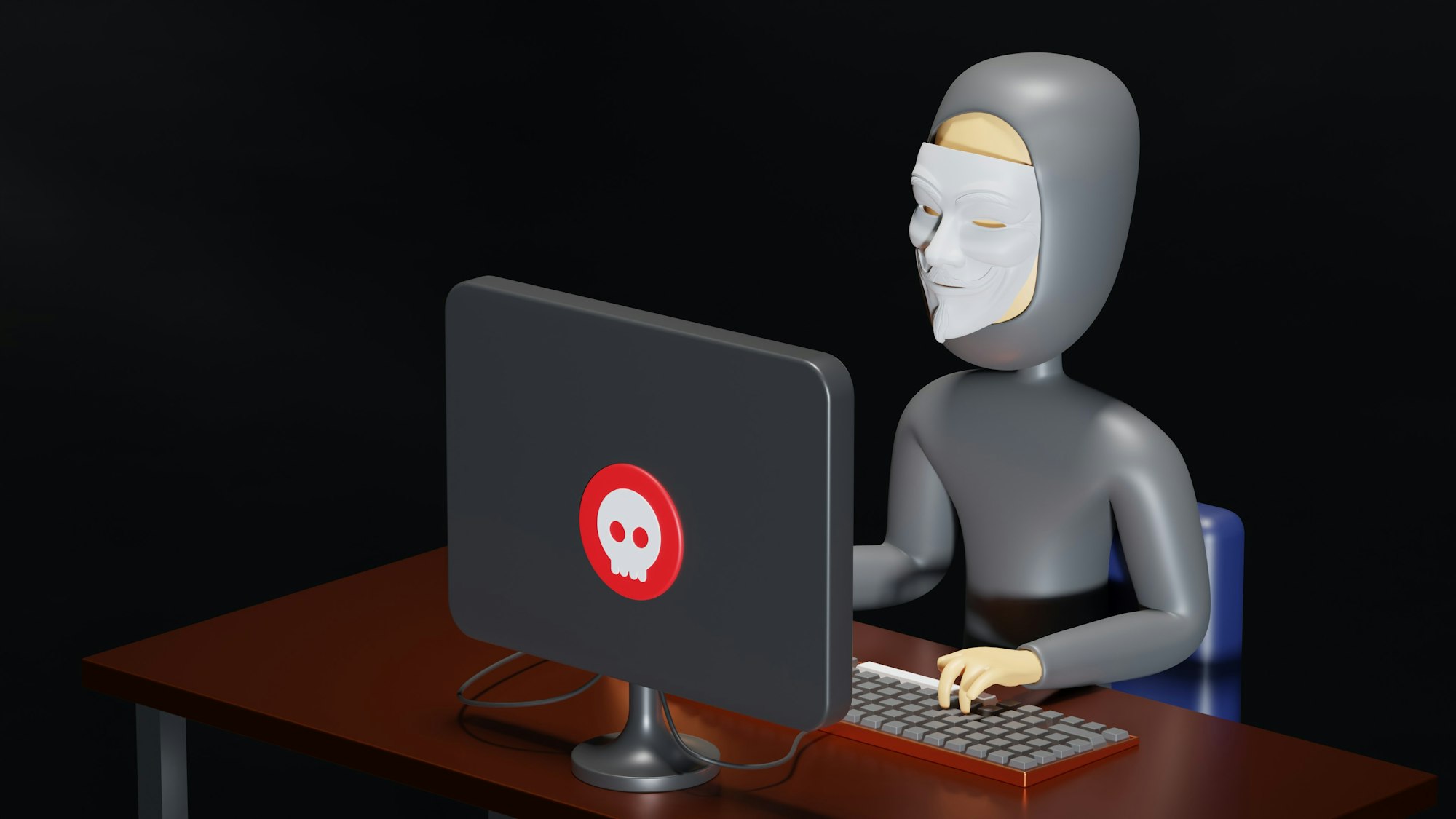 Animation figure typing with a scammer's mask on a computer