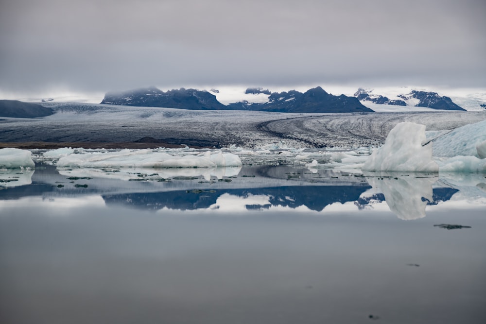 uno specchio d'acqua con ghiaccio e neve ai lati