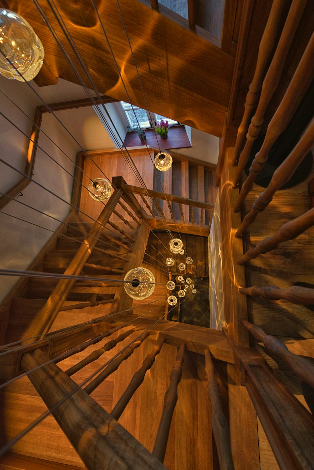 a wooden staircase with a clock