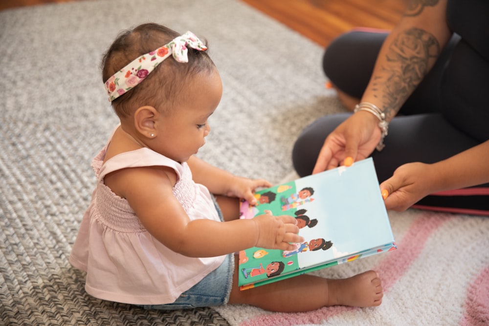 a baby sitting on the floor reading a book