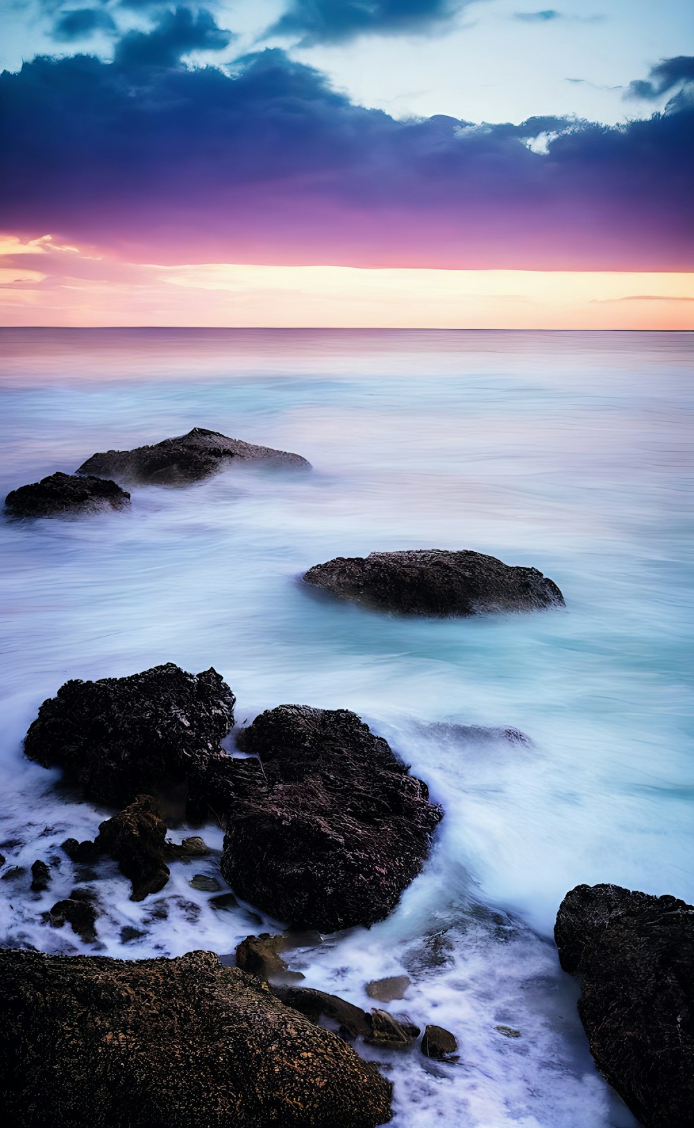 a rocky beach with a body of water in the background