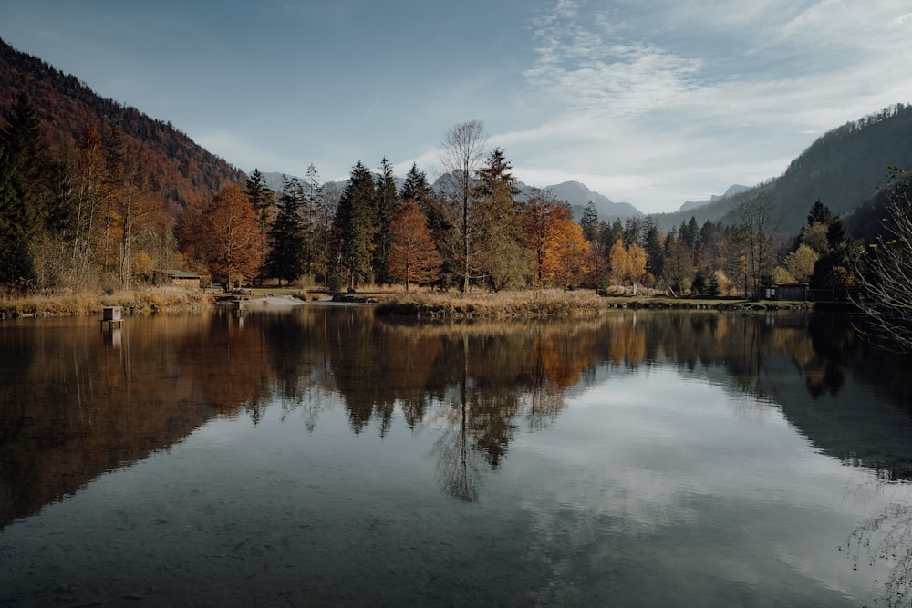 a lake with trees and mountains in the background