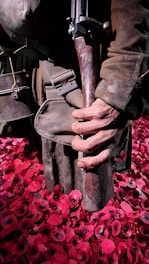 A person wearing worn military clothing, holding a vintage rifle, stands amidst a field of artificial red poppies. The poppies have black centers and create a striking contrast with the brown tones of the attire.